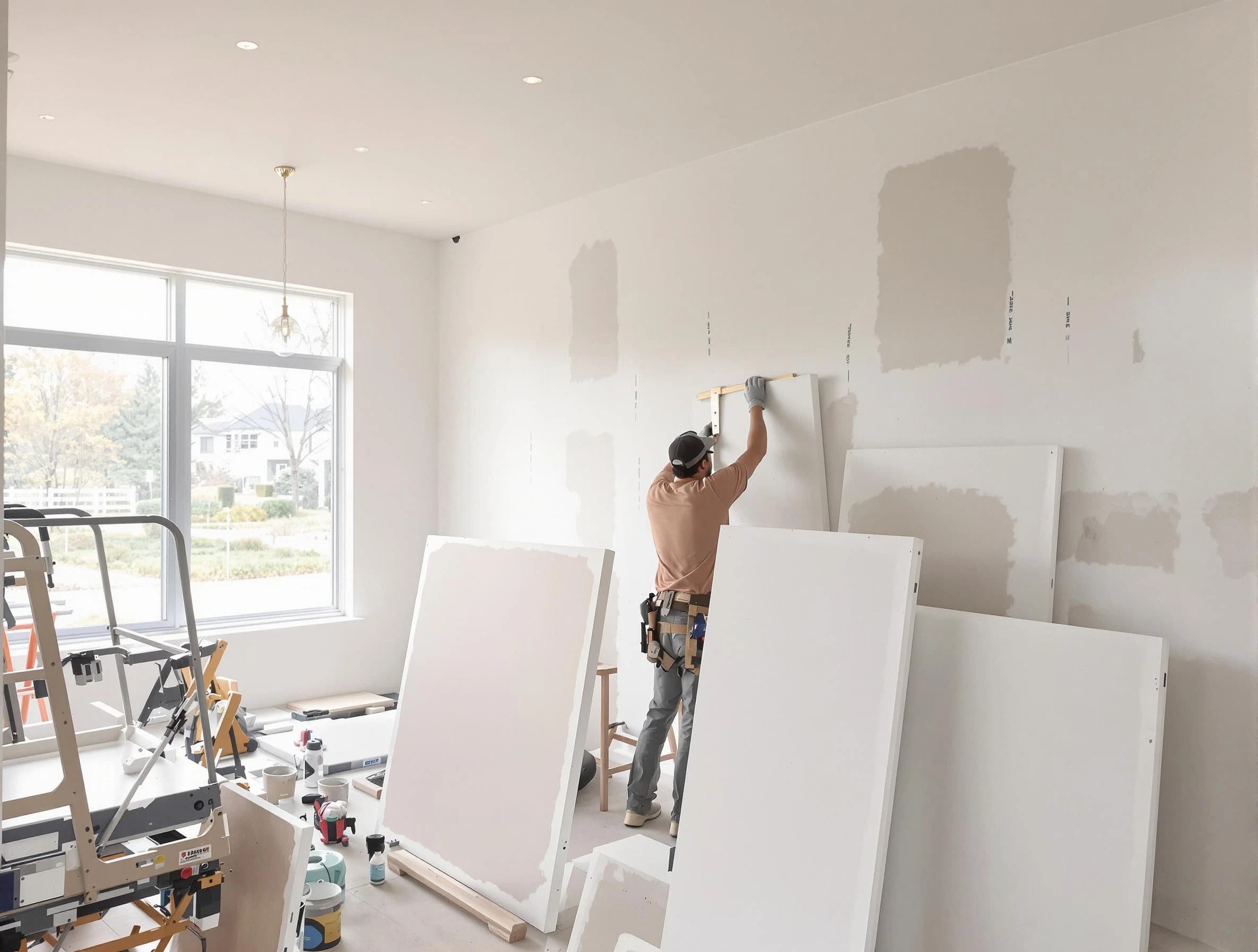 Painesville House Painters precisely hanging drywall sheets in Painesville, OH