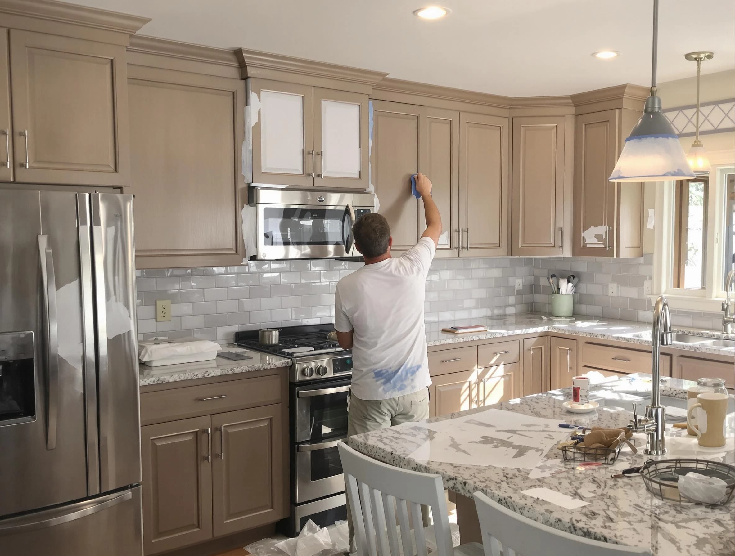 Before-and-after view of kitchen painting by Painesville House Painters in Painesville