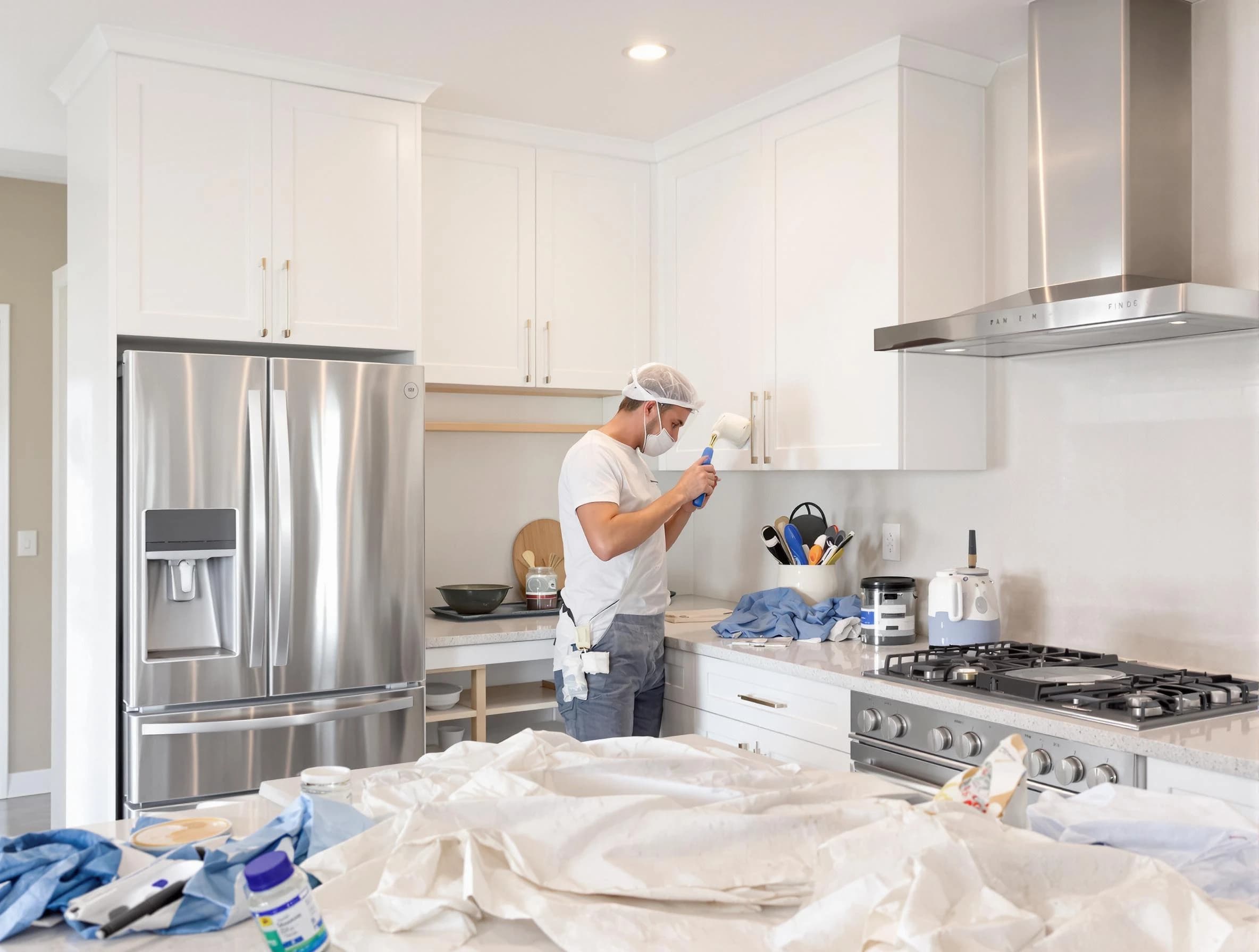 Painesville House Painters painter applying a fresh coat in a kitchen located in Painesville, OH