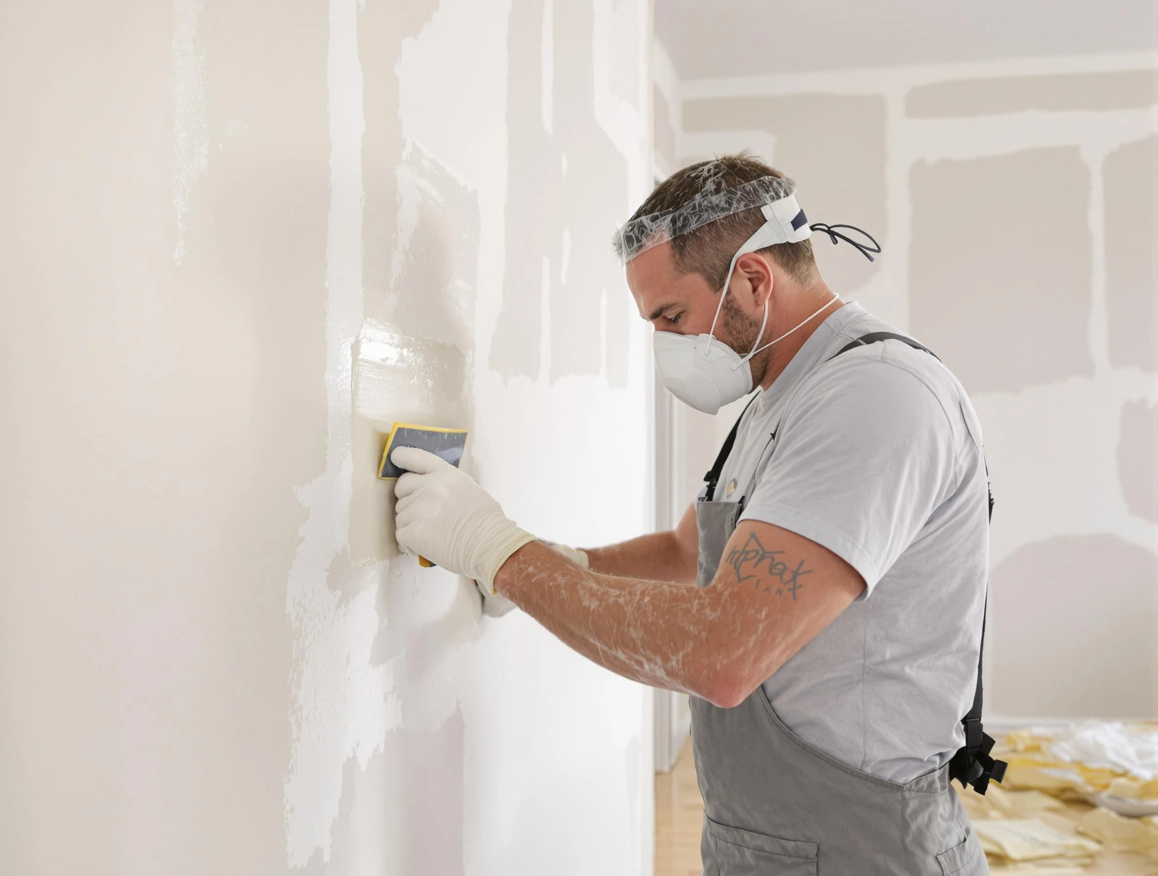 Painesville House Painters technician applying mud to drywall seams in Painesville, OH