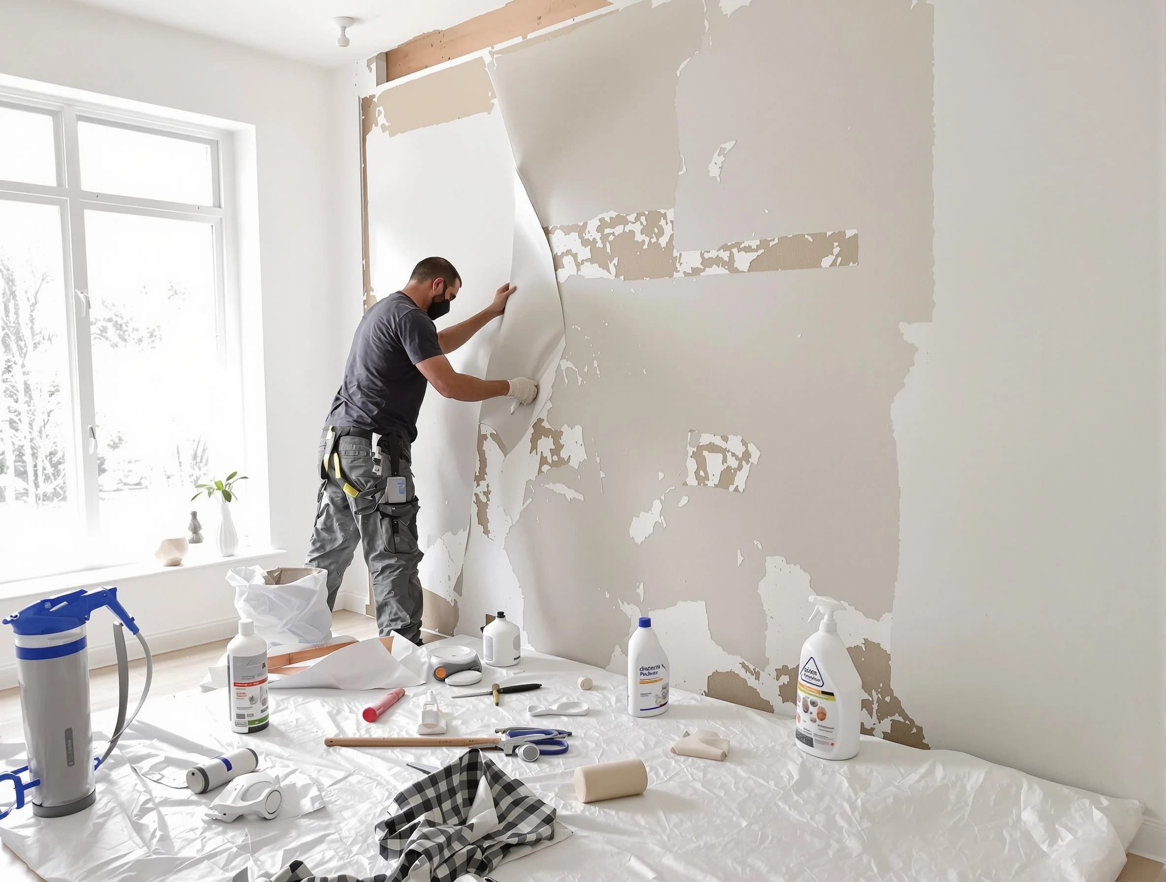 Painesville House Painters technician removing wallpaper in Painesville, OH